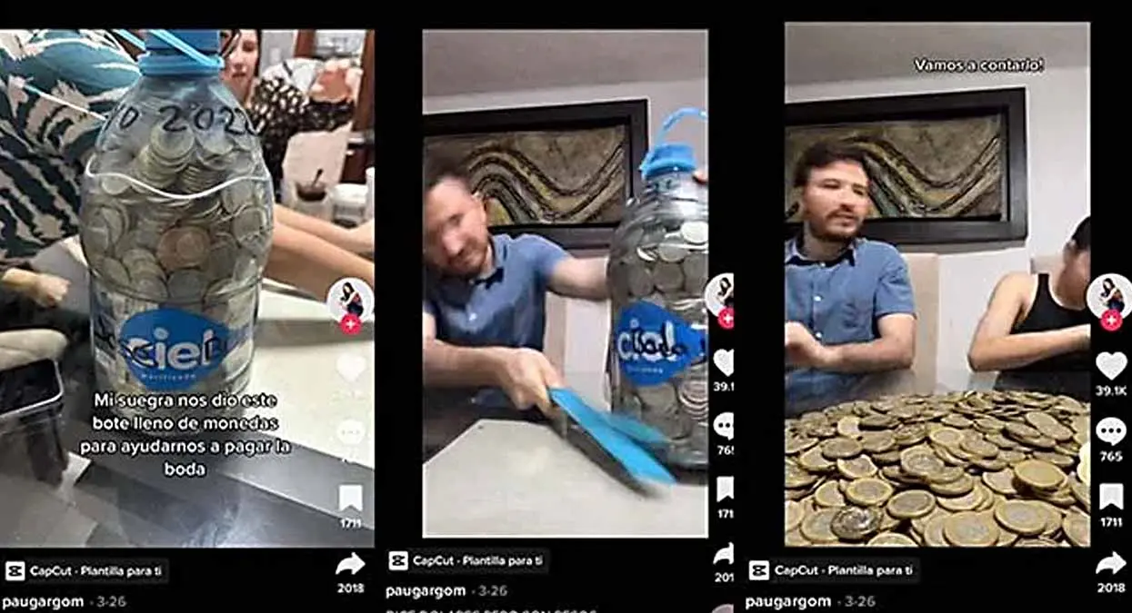 VIDEO | Le regala galón lleno de monedas a su hijo para ayudar con su boda