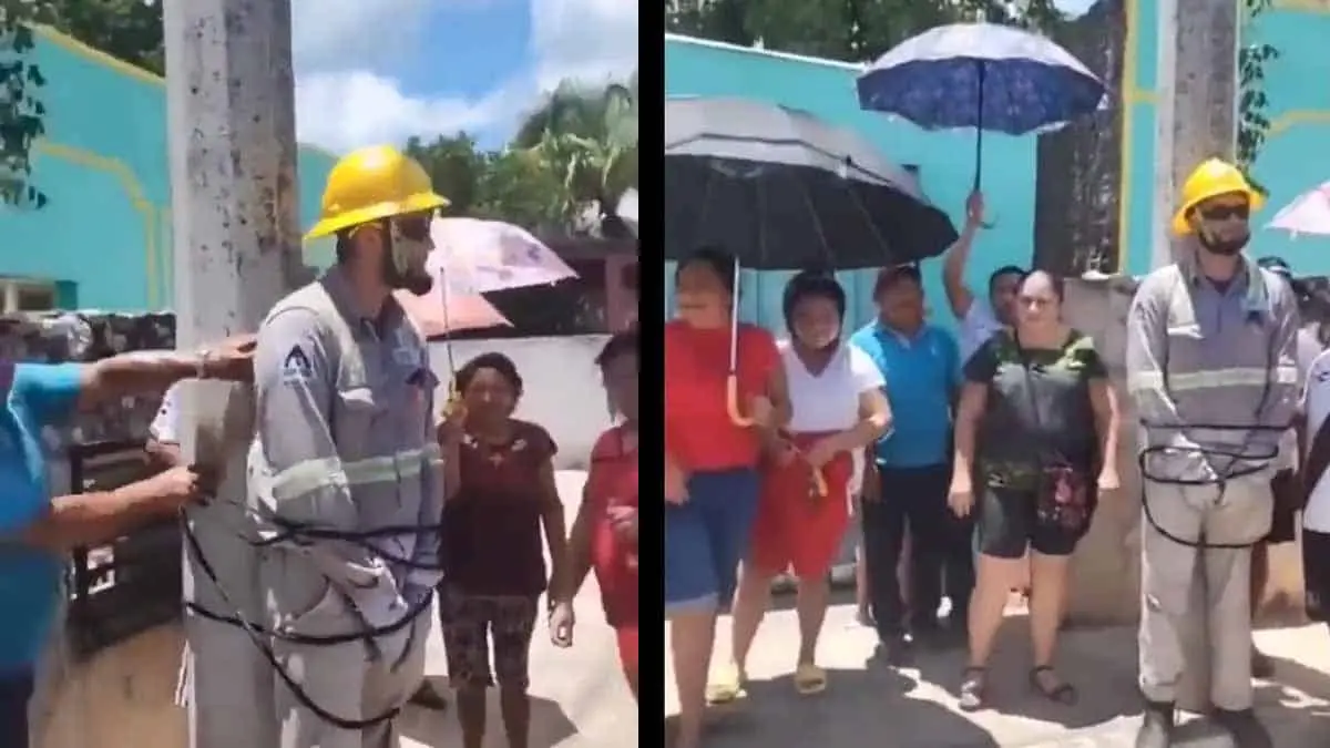 CFE: Suspenden a trabajador que se dejó amarrar a un poste  en Yucatán