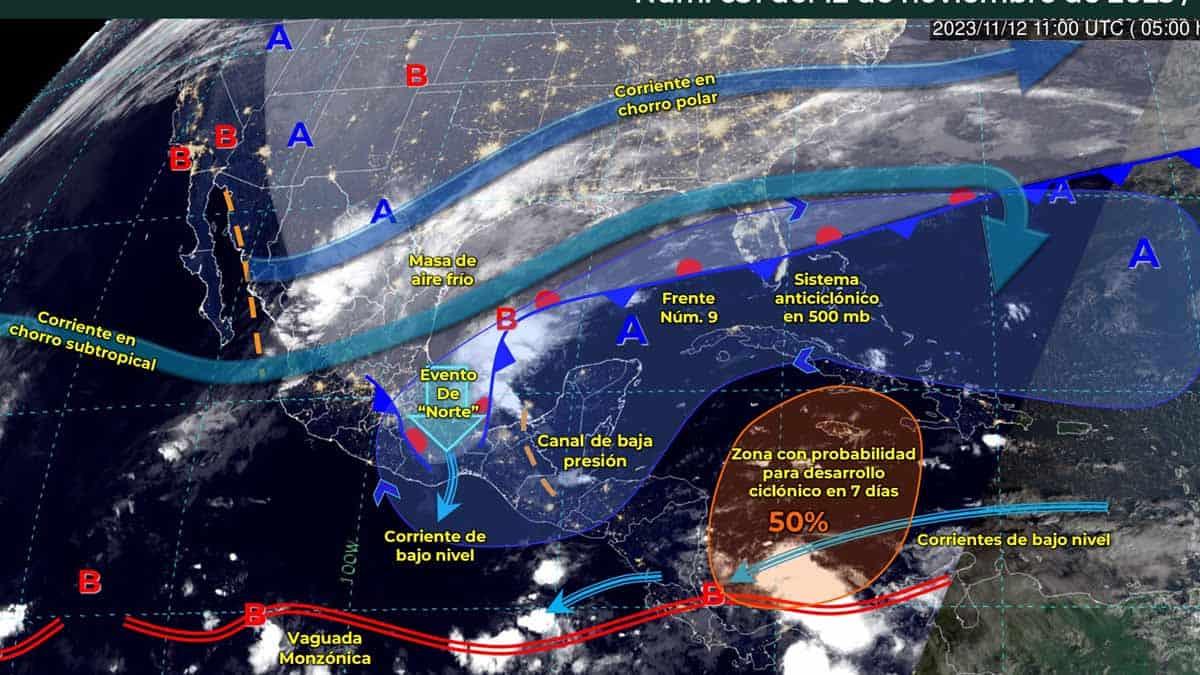 Frente frío 9 se alargará y provocará lluvias en gran parte de México