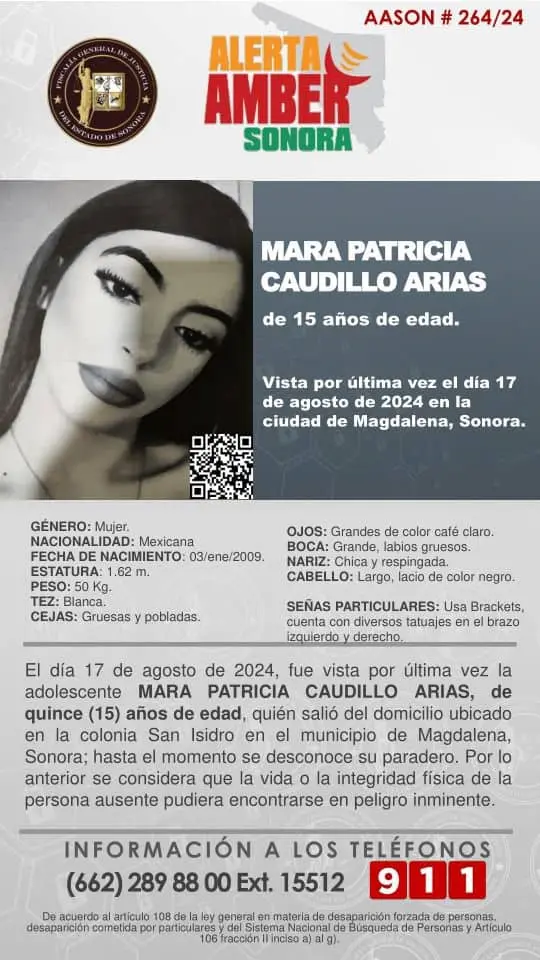 Activan Alerta Amber tras desaparición de Mara Patricia de 15 años en Magdalena