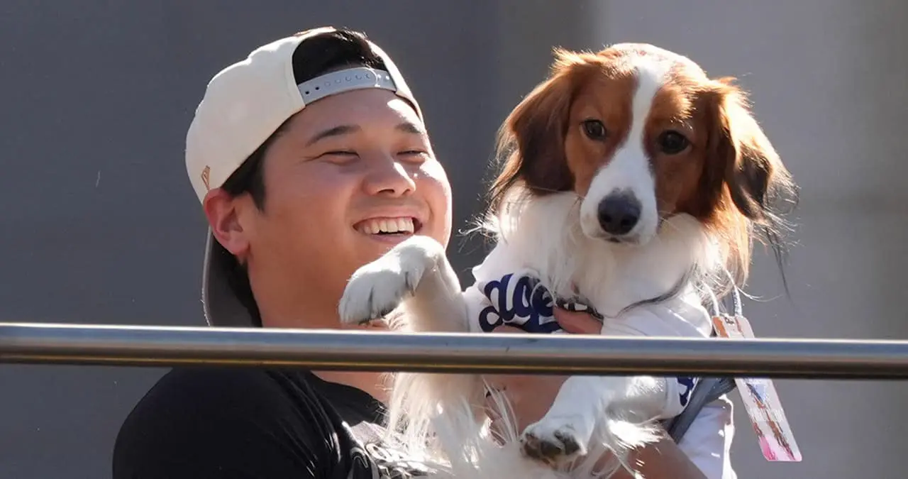 La popular mascota del japonés Shohei Ohtani fue una estrella más durante el desfile de los Dodgers para festejar su campeonato. Foto: MLB