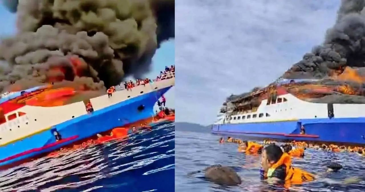 Se incendia ferry de Indonesia y pasajeros se lanzan al mar para ponerse a salvo | VIDEO