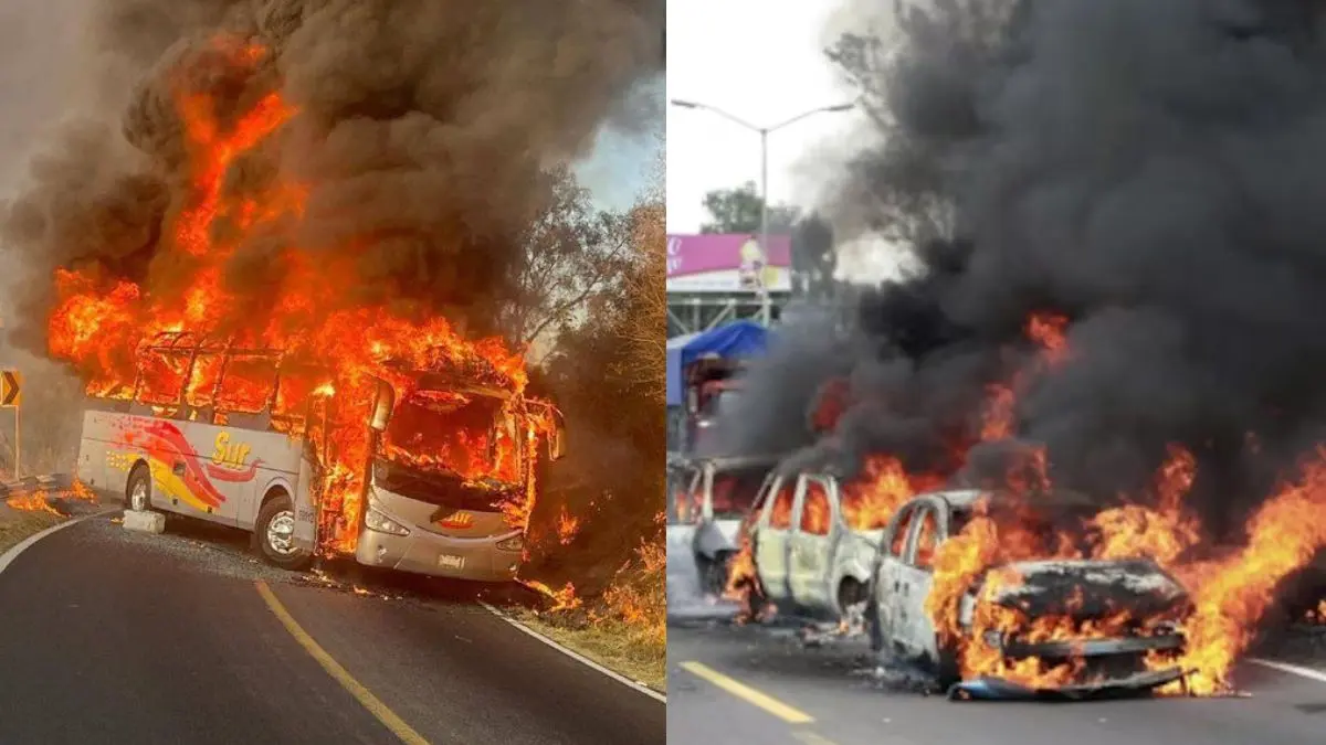 Vehículos incendiados y vialidades obstruidas en distintos puntos del país tras los bloqueos atribuidos a la reacción del Cártel Jalisco Nueva Generación este domingo.