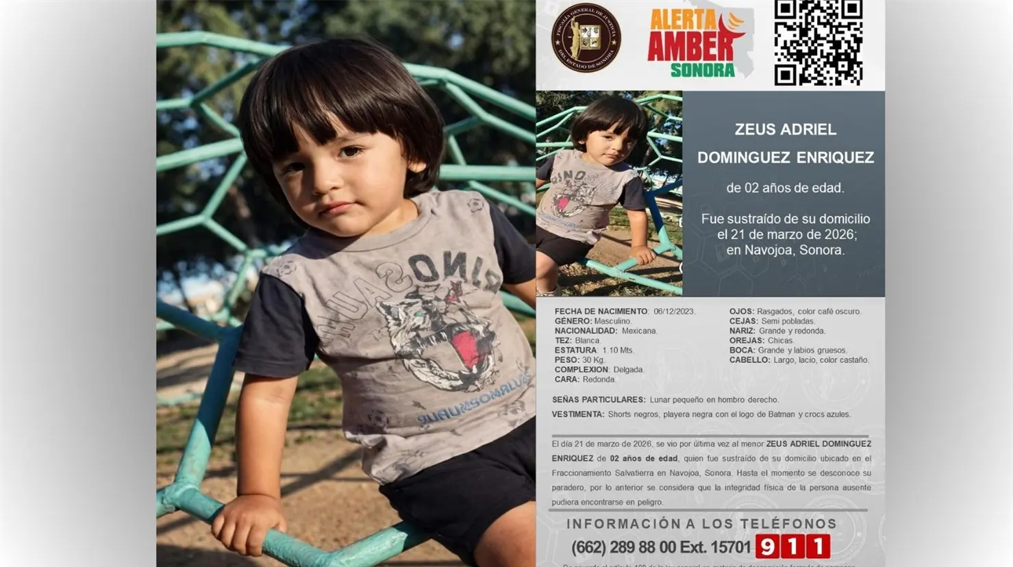 Alerta Amber: Buscan a Zeus Adriel, niño de 2 años desaparecido en Navojoa