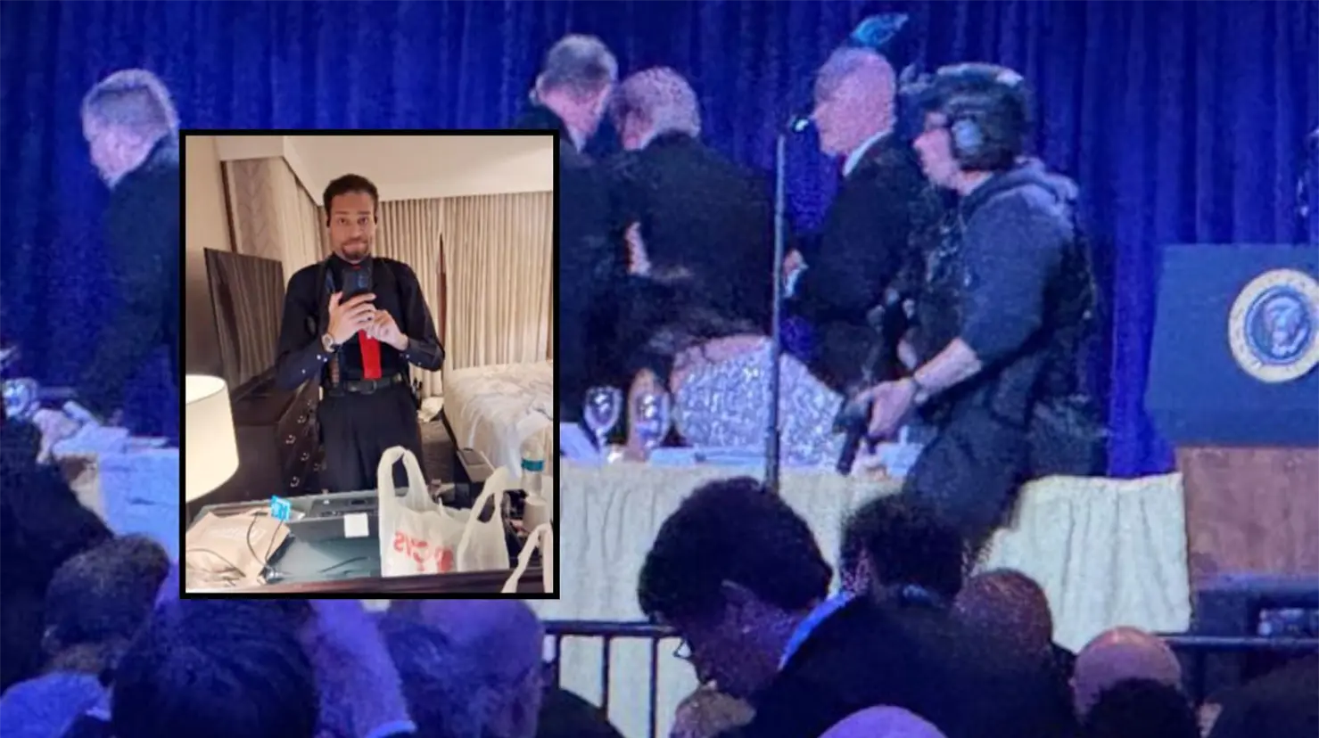 El acusado utilizó su teléfono celular para tomarse una fotografía frente al espejo mientras se encontraba dentro de su habitación en el Washington Hilton.
