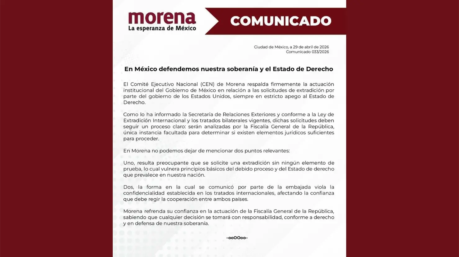 Morena respalda al Gobierno de México ante solicitudes de Estados Unidos: Sin pruebas no hay extradición”