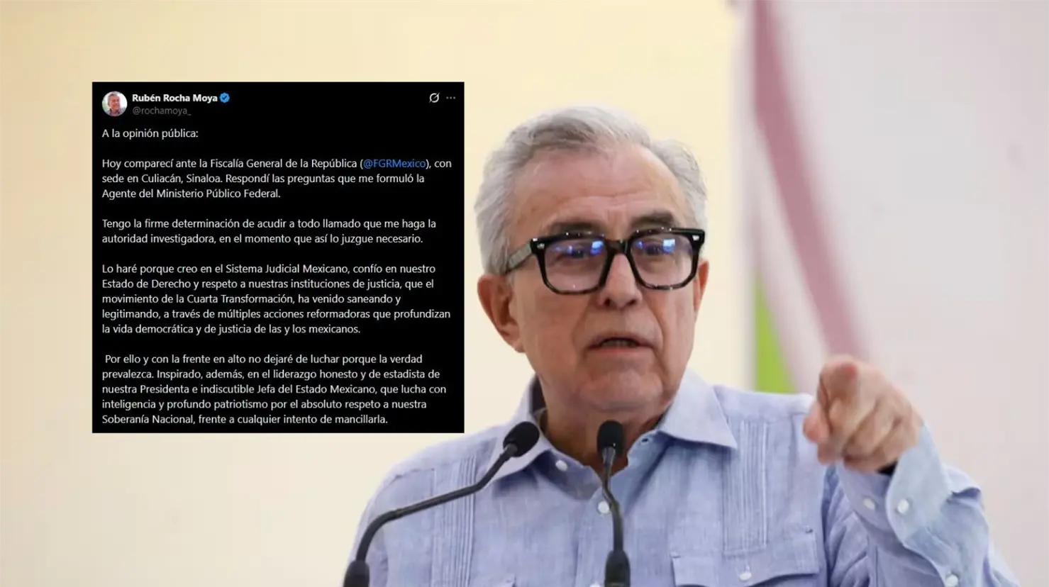 “Tengo la firme determinación de acudir a todo llamado que me haga la autoridad investigadora, en el momento que así lo juzgue necesario”, señaló Rocha Moya