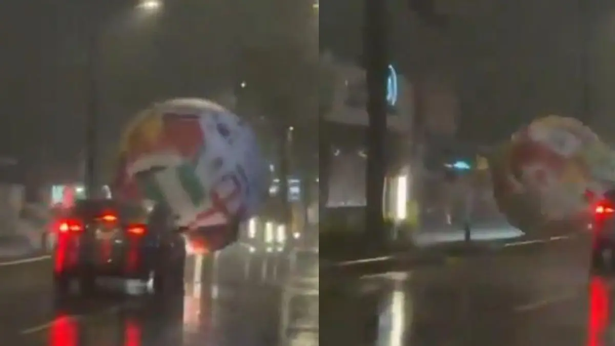 El balón gigante de La Trionda fue arrastrado por el viento en calles de la Zona Rosa y se volvió viral.