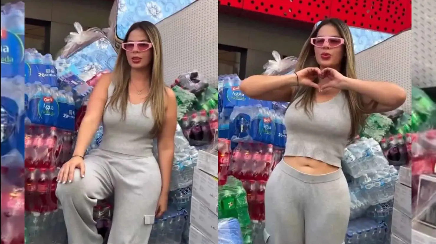Paola Faria aparece apoyándose sobre un gran cargamento de botellas de agua mientras otra persona le toma fotografías