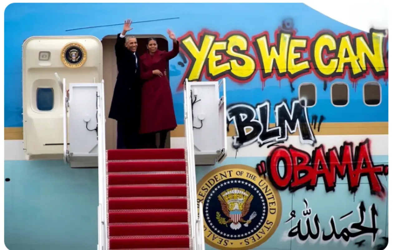 Trump difunde imagen generada con IA de los Obama junto a Air Force One con grafiti