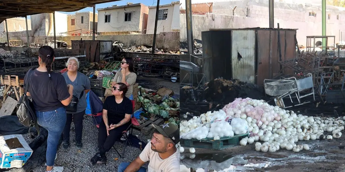 El incendio dejó mercancía calcinada y daños estructurales en el área de descarga del Mercado Francisco I. Madero, donde comerciantes evalúan las pérdidas ocasionadas por el siniestro. (Créditos a Jesús Ballesteros / EXPRESO)