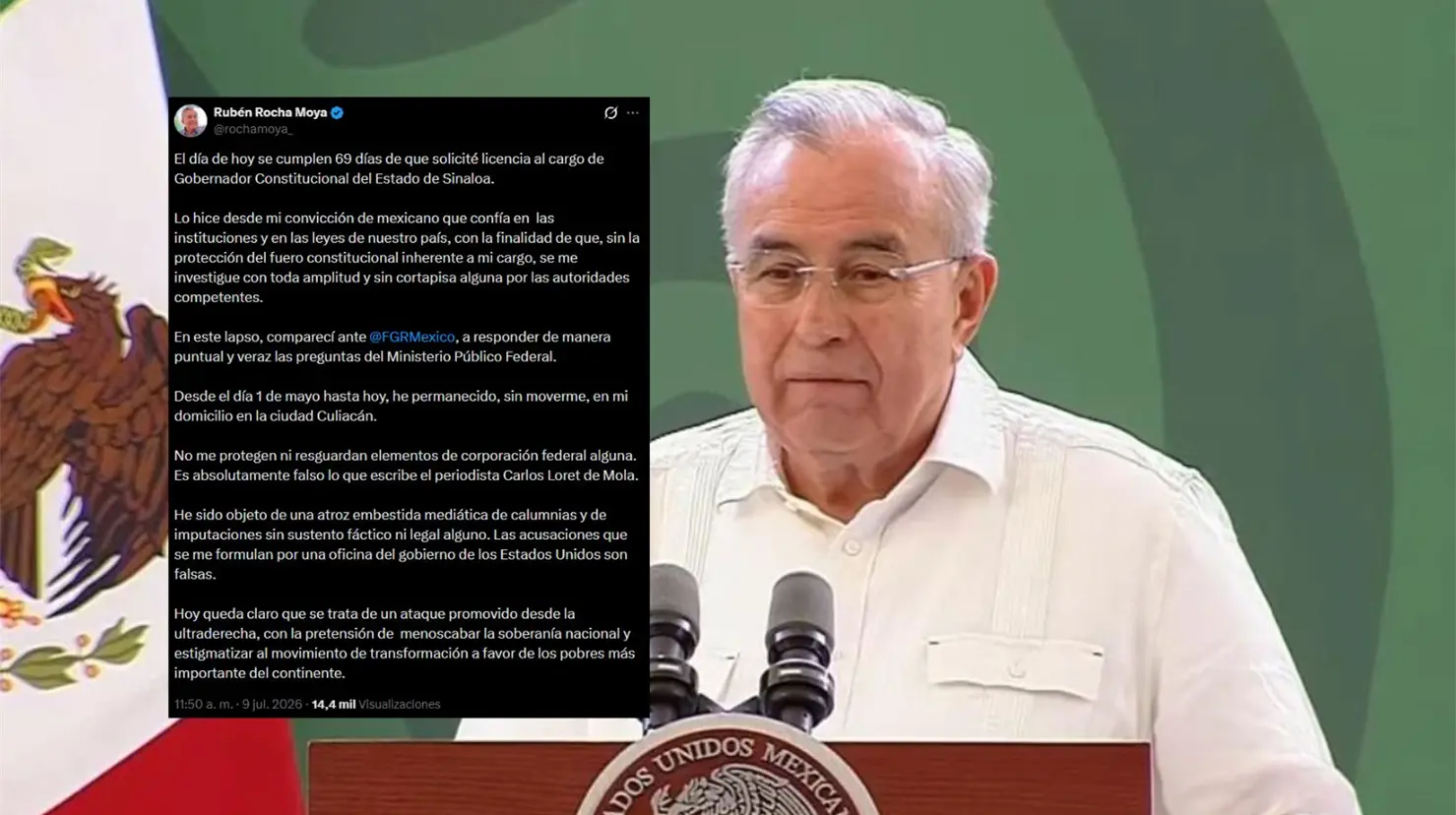 Desde el día 1 de mayo hasta hoy, he permanecido, sin moverme, en mi domicilio en la ciudad de Culiacán, escribió Rocha Moya en su cuenta oficial de X