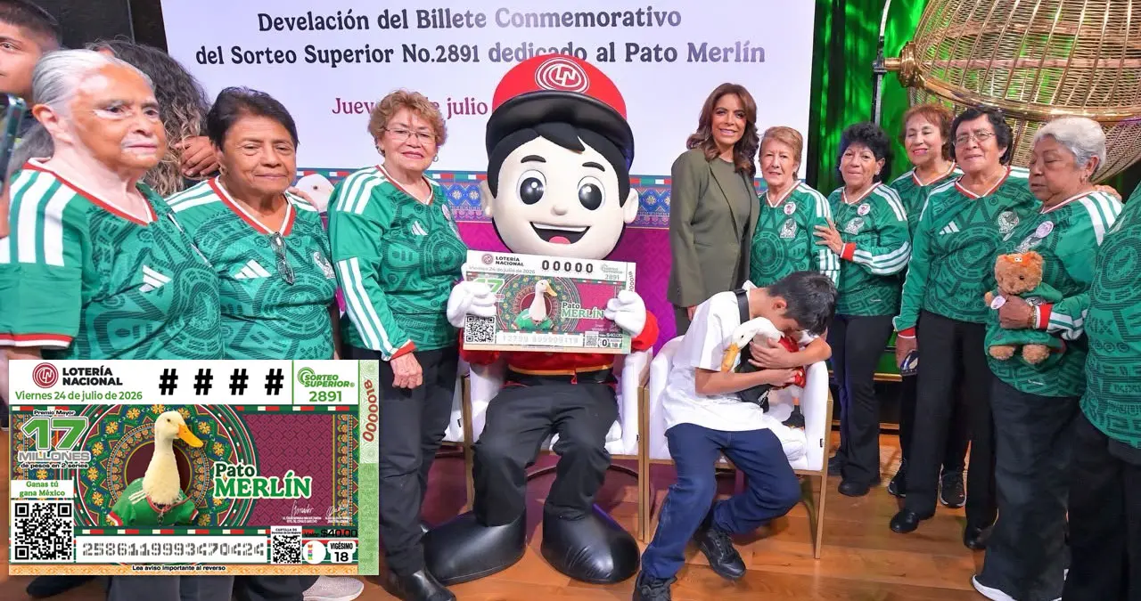 El Pato Merlín, que se convirtió en uno de los símbolos más queridos de la afición mexicana durante el Mundial 2026, fue homenajeado por la Lotería Nacional con un billete conmemorativo del Sorteo Superior No. 2891. Fotos: Lotería Nacional