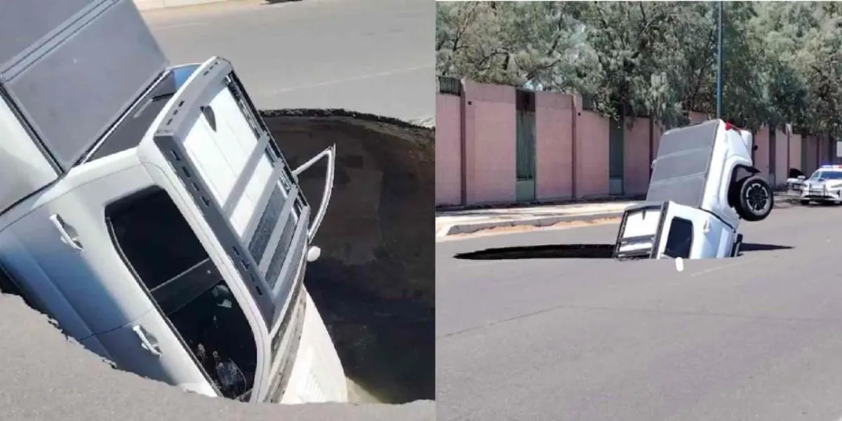 La camioneta quedó atrapada en el hundimiento del bulevar Carlos Quintero Arce, mientras cuerpos de emergencia acudieron para atender a los involucrados en el accidente.