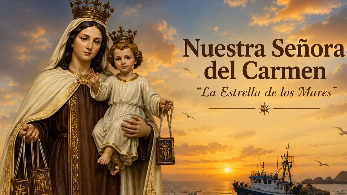 La Iglesia Católica celebra este 16 de julio a la Virgen del Carmen, conocida como la Estrella de los Mares, una de las advocaciones marianas más veneradas y símbolo de protección, esperanza y guía para millones de fieles en todo el mundo. Foto generada por IA.