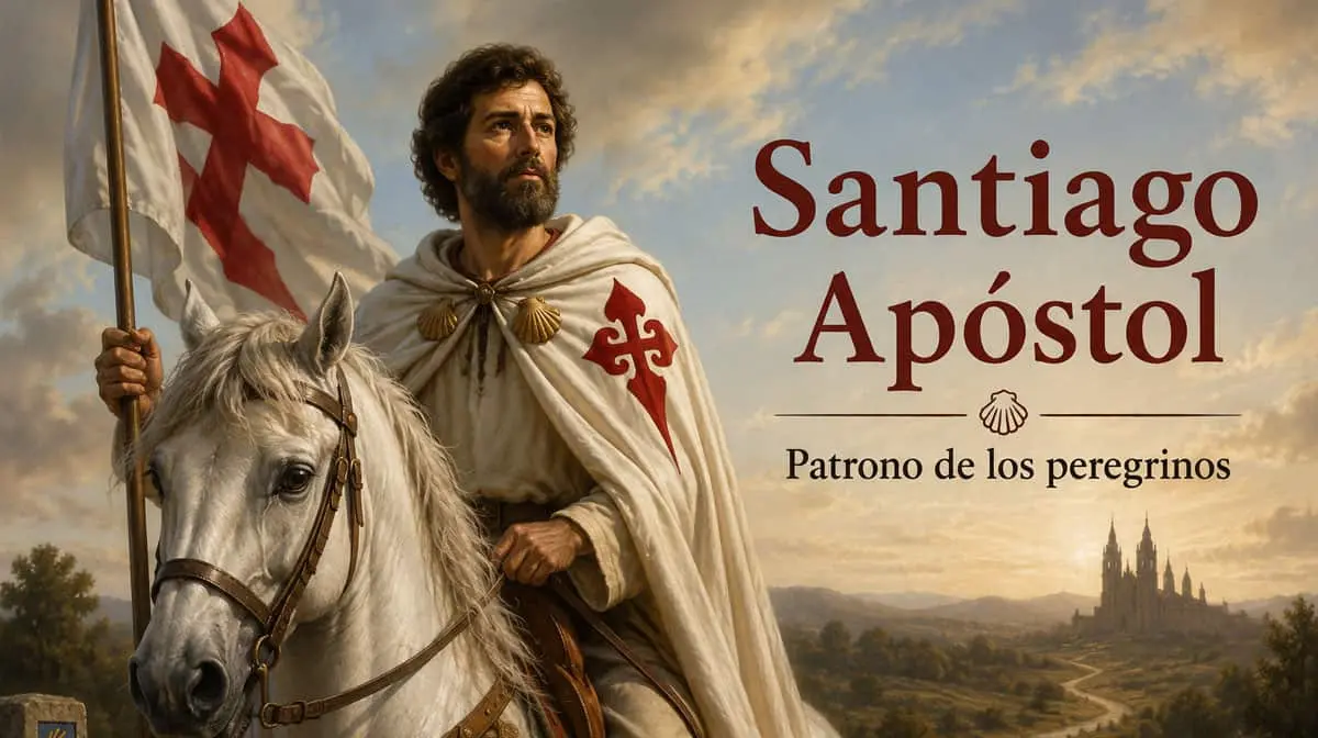 Santiago Apóstol, uno de los doce discípulos de Jesucristo, es celebrado cada 25 de julio como patrono de los peregrinos, de España, los veterinarios y la caballería. Foto generada por IA.