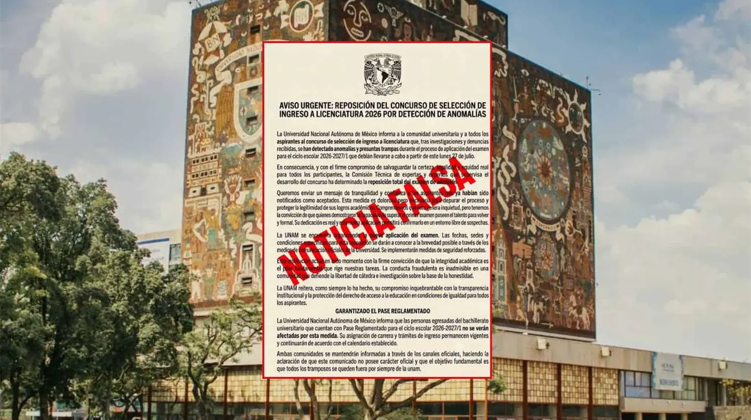UNAM desmiente reposición del examen de admisión y alerta por noticias falsas