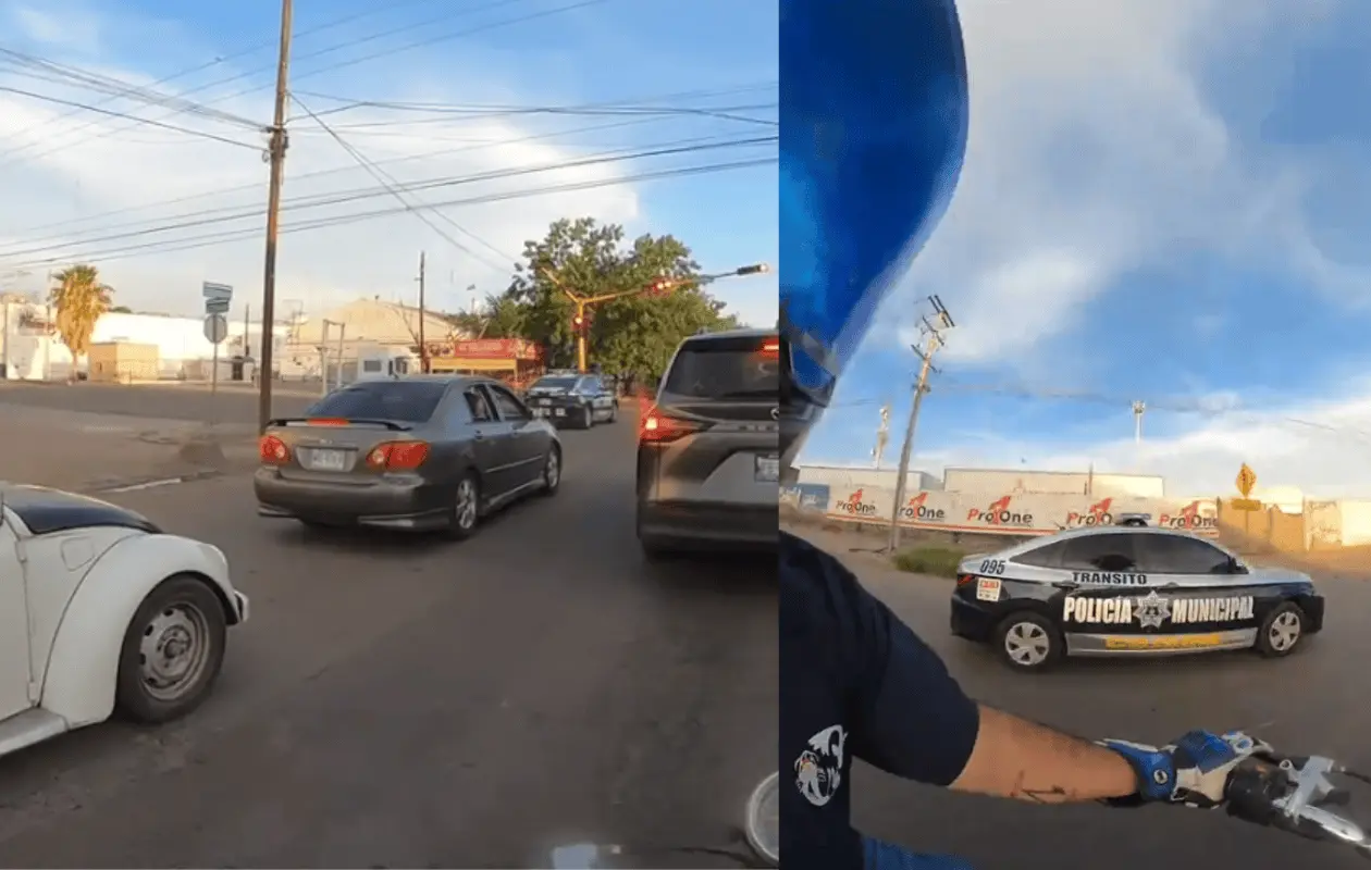 VIDEO: Patrulla de Cajeme se pasa semáforo en rojo y motociclista la sigue para comprobar si iba a una emergencia
