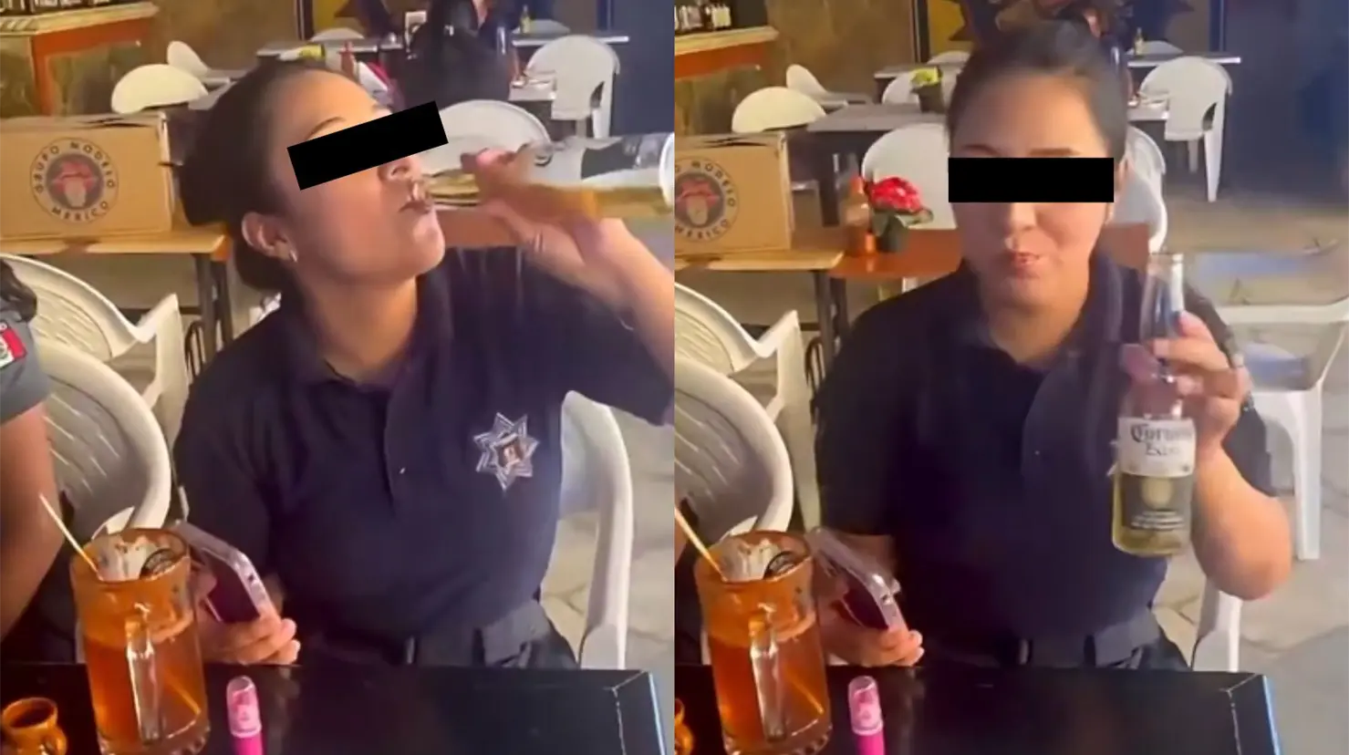 En la grabación se observa a una mujer con uniforme de la Policía Estatal mientras bebe directamente de una botella de cerveza