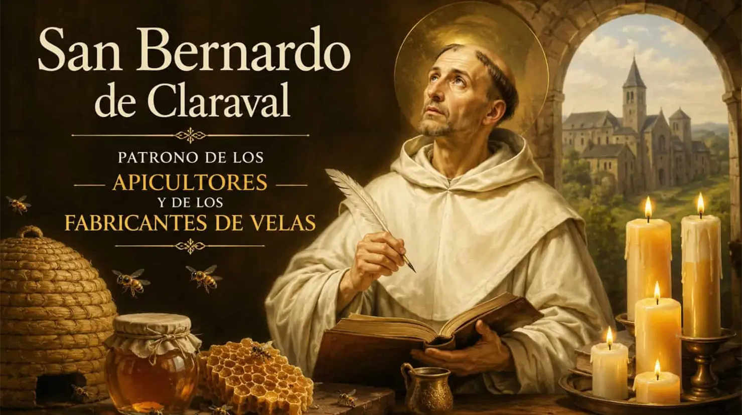 San Bernardo de Claraval es recordado cada 20 de agosto por la Iglesia Católica y es considerado patrono de los apicultores y fabricantes de velas. Foto generada con IA.