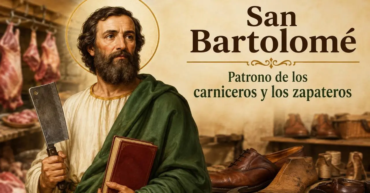 San Bartolomé, uno de los doce apóstoles de Jesús, es venerado como patrono de los carniceros y zapateros. Foto generada por IA.