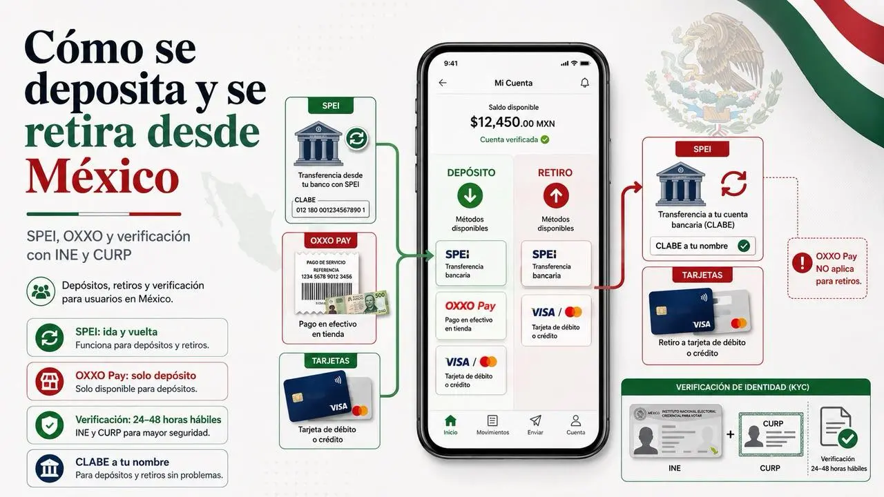 Cómo se deposita y se retira desde México: SPEI, OXXO y verificación con INE y CURP