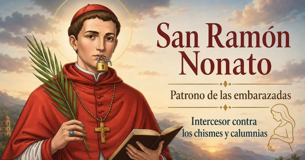 San Ramón Nonato es venerado cada 31 de agosto como patrono de las mujeres embarazadas, las parturientas y las parteras, además de ser considerado protector contra chismes y calumnias. Foto generada por IA.