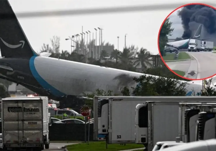 VIDEO l Avión de Amazon se sale de pista en Miami, choca contra vehículos y termina en llamas
