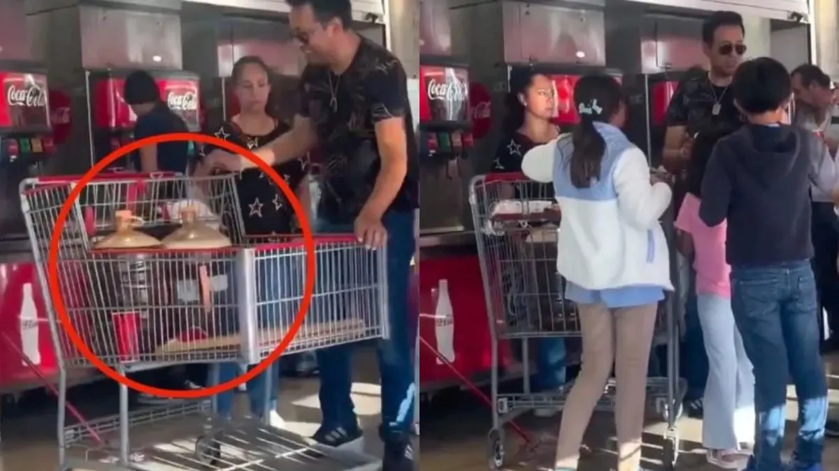 La grabación muestra a un hombre llevándose dos recipientes aparentemente llenos de refresco de cola FUENTE: REDES SOCIALES