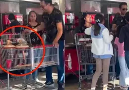 VIDEO | Familia llena dos garrafones de 20 litros con refresco en centro comercial y empleados intentan detenerlos
