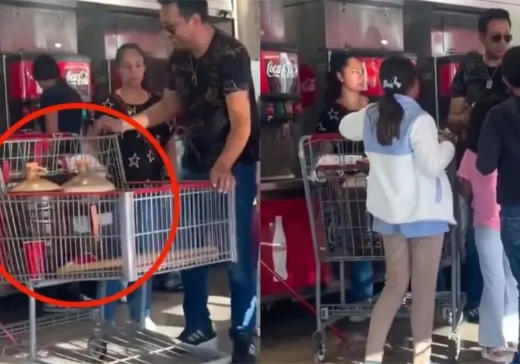 VIDEO | Familia llena dos garrafones de 20 litros con refresco en centro comercial y empleados intentan detenerlos