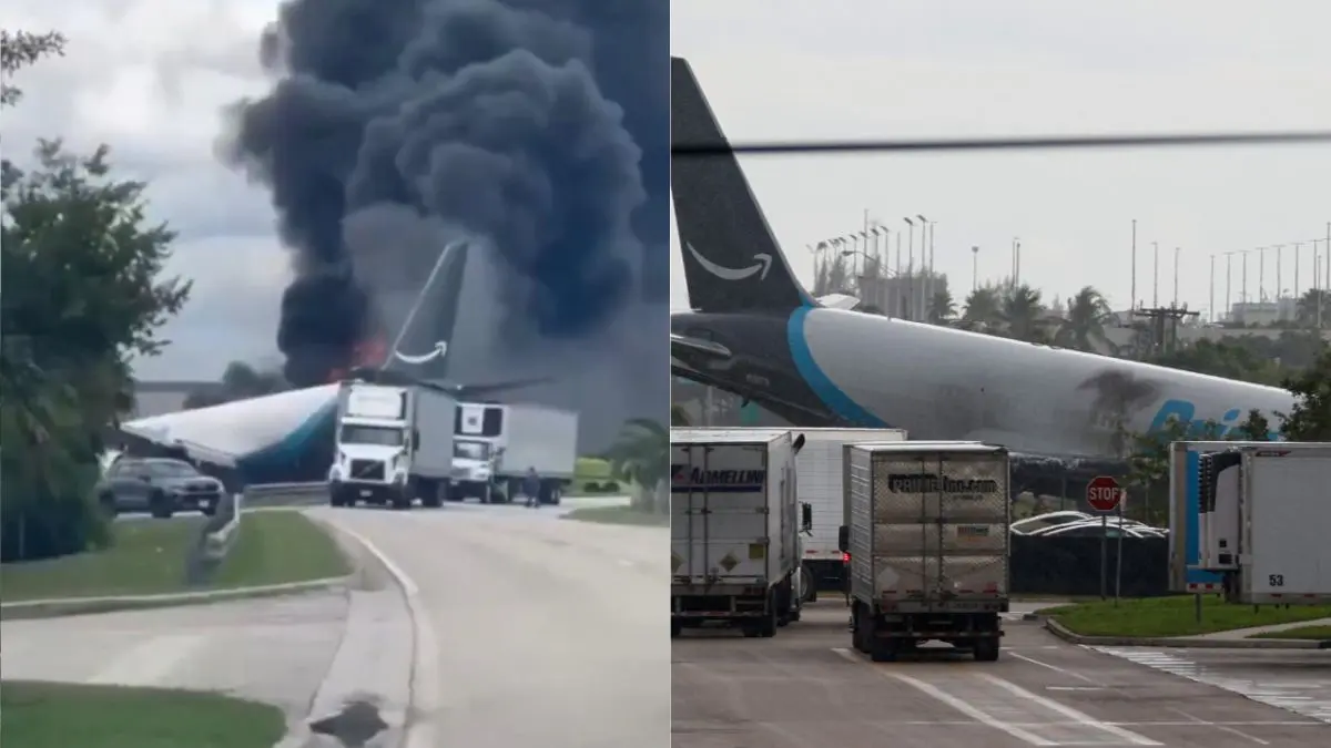 Un Boeing 767 de carga salió de la pista del aeropuerto, chocó contra varios vehículos y se incendió. FUENTES: X