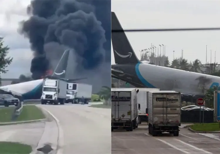 VIDEO | Avión de carga se sale de la pista en Miami, impacta vehículos y deja cinco muertos