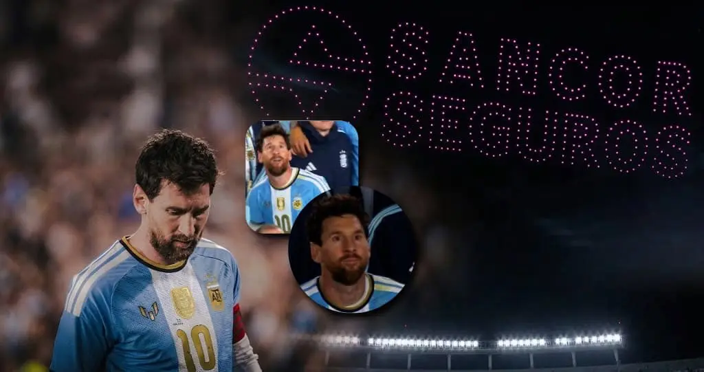 El espectáculo de drones preparado para despedir a Lionel Messi generó una inesperada reacción cuando apareció primero el logotipo de Sancor Seguros (Créditos: X)