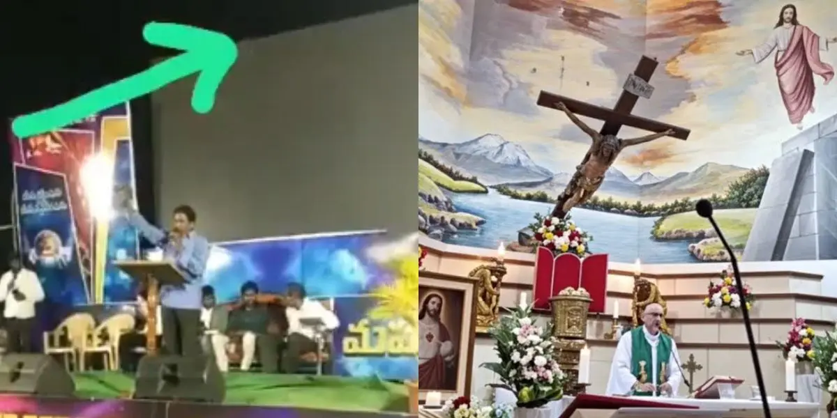 Una pantalla LED cayó sobre el pastor Abraham Malamanti durante una celebración cristiana al aire libre en India, en mayo de 2023. (Créditos: El Heraldo de México)