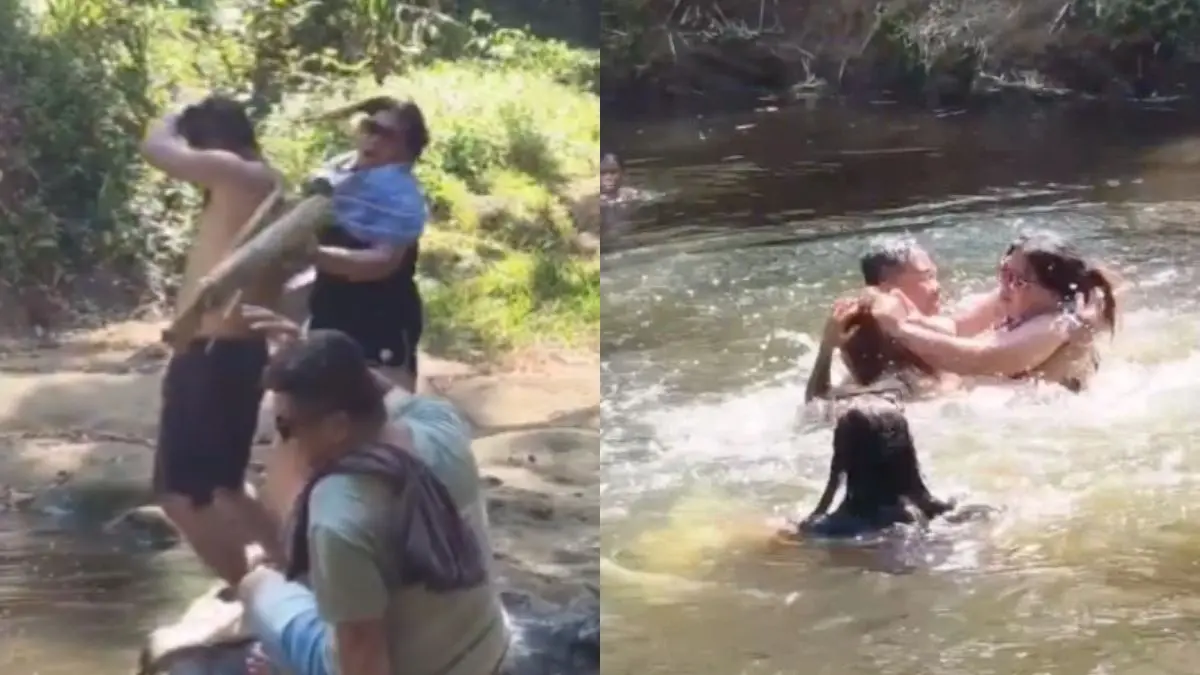 Una grabación muestra el momento en que la esposa confronta a su pareja y a la presunta amante dentro del agua; las imágenes generan reacciones en redes