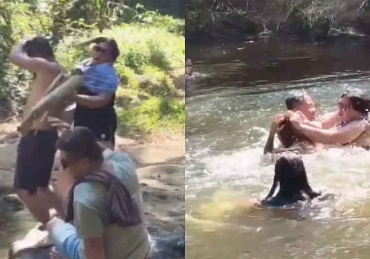 VIDEO | Mujer descubre a su esposo con otra mujer en un río y desata pelea que se vuelve viral