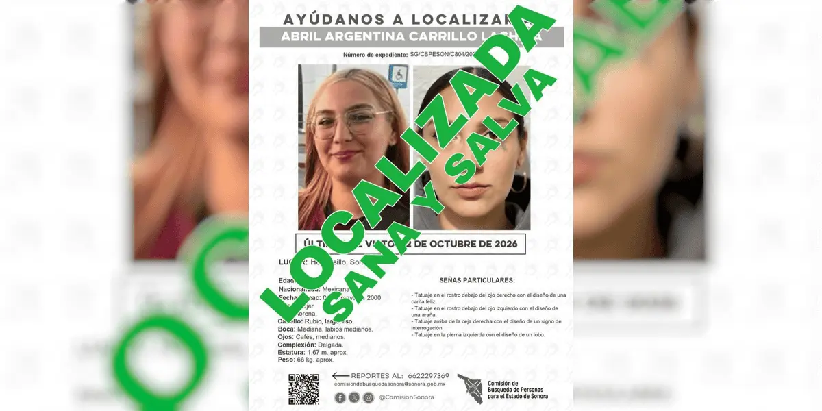 La joven confirmó a las autoridades que no fue víctima de ningún delito; abandonó el centro de rehabilitación donde estaba de manera voluntaria.Foto: FGJE Sonora