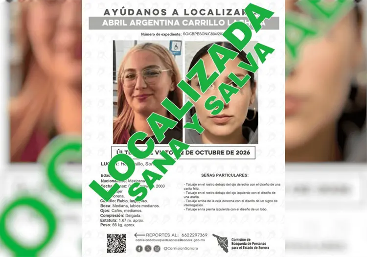 Localizan sana y salva a joven reportada como desaparecida en Hermosillo
